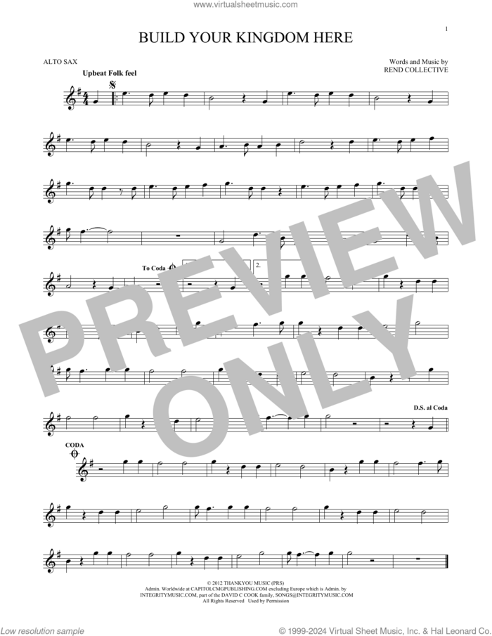 Build Your Kingdom Here sheet music for alto saxophone solo by Rend Collective, intermediate skill level