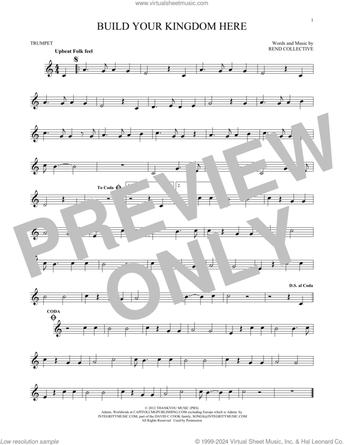 Build Your Kingdom Here sheet music for trumpet solo by Rend Collective, intermediate skill level