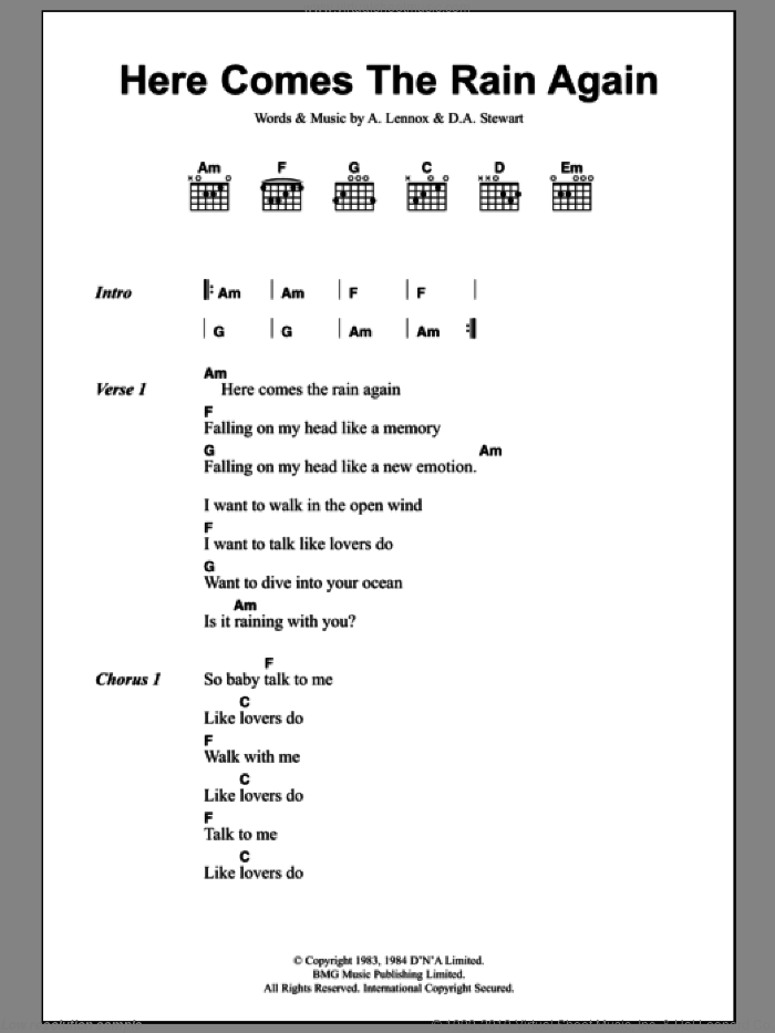 Here Comes The Rain Again sheet music for guitar (chords) by Eurythmics, Alex Parks, Annie Lennox and Dave Stewart, intermediate skill level