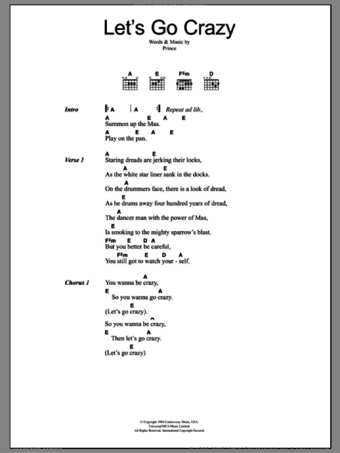 Let's Go Crazy sheet music for guitar (chords) by The Clash and Prince, intermediate skill level
