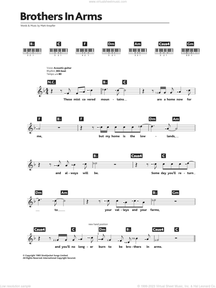 Brothers In Arms sheet music for piano solo (chords, lyrics, melody) by Dire Straits and Mark Knopfler, intermediate piano (chords, lyrics, melody)
