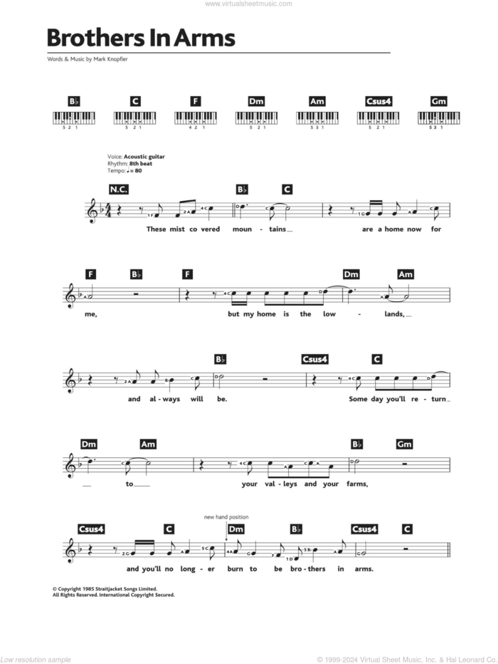 Brothers In Arms sheet music for piano solo (chords, lyrics, melody) by Dire Straits and Mark Knopfler, intermediate piano (chords, lyrics, melody)