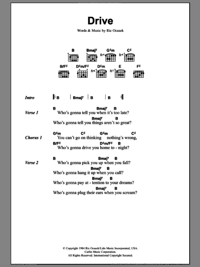Drive sheet music for guitar (chords) by The Cars and Ric Ocasek, intermediate skill level