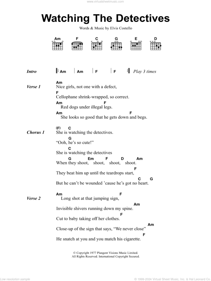 Watching The Detectives sheet music for guitar (chords) by Elvis Costello, intermediate skill level