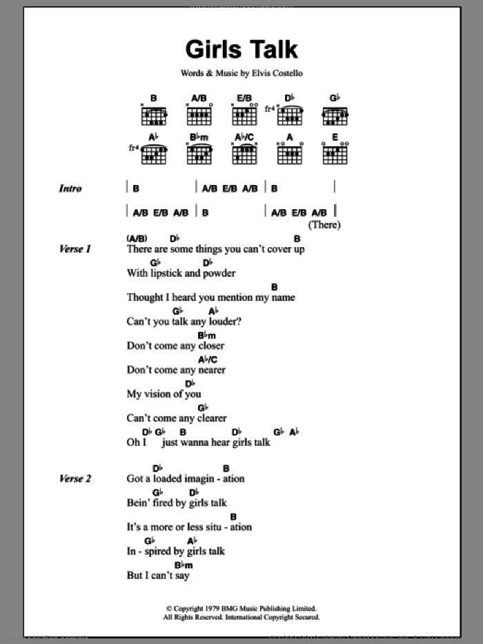 Girls Talk sheet music for guitar (chords) by Dave Edmunds and Elvis Costello, intermediate skill level