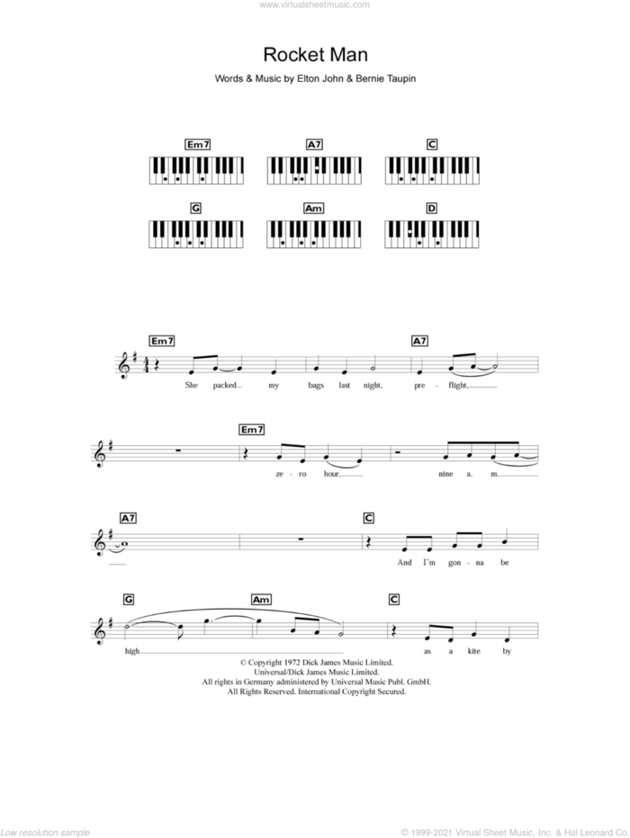 Rocket Man sheet music for piano solo (chords, lyrics, melody) by Elton John and Bernie Taupin, intermediate piano (chords, lyrics, melody)