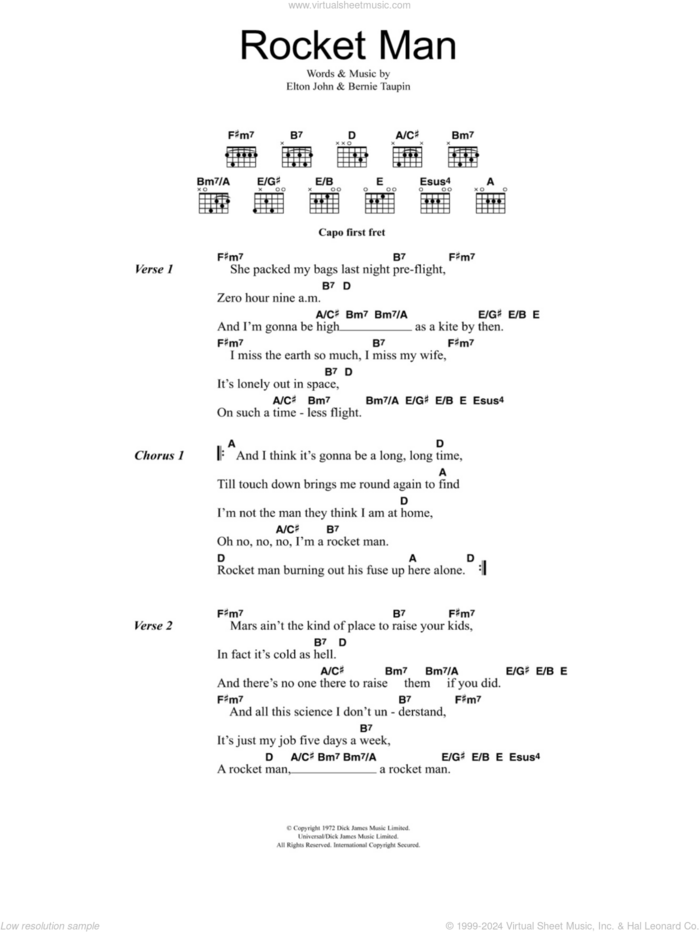 Rocket Man (I Think It's Gonna Be A Long Long Time) sheet music for guitar (chords) by Elton John and Bernie Taupin, intermediate skill level