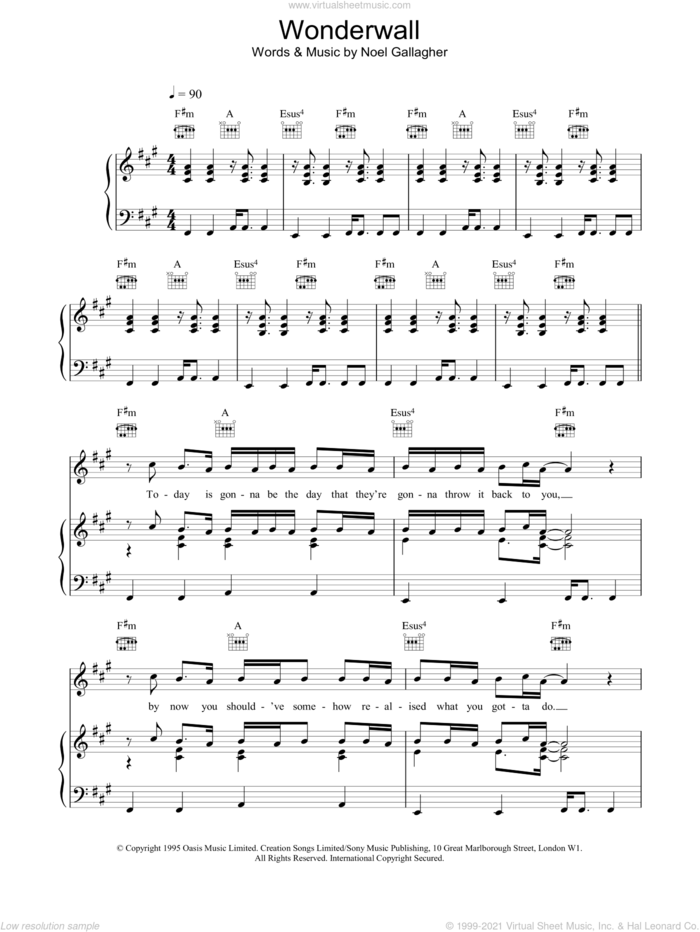 Wonderwall sheet music for voice, piano or guitar by Oasis, intermediate skill level