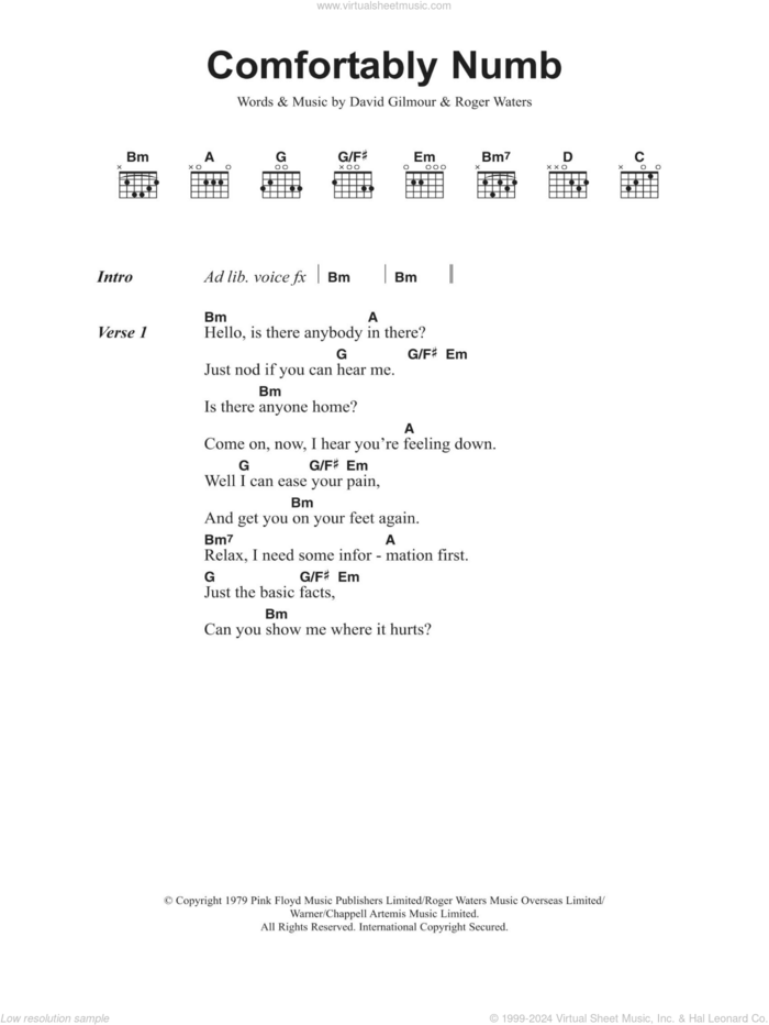 Comfortably Numb sheet music for guitar (chords) by Pink Floyd, David Gilmour and Roger Waters, intermediate skill level