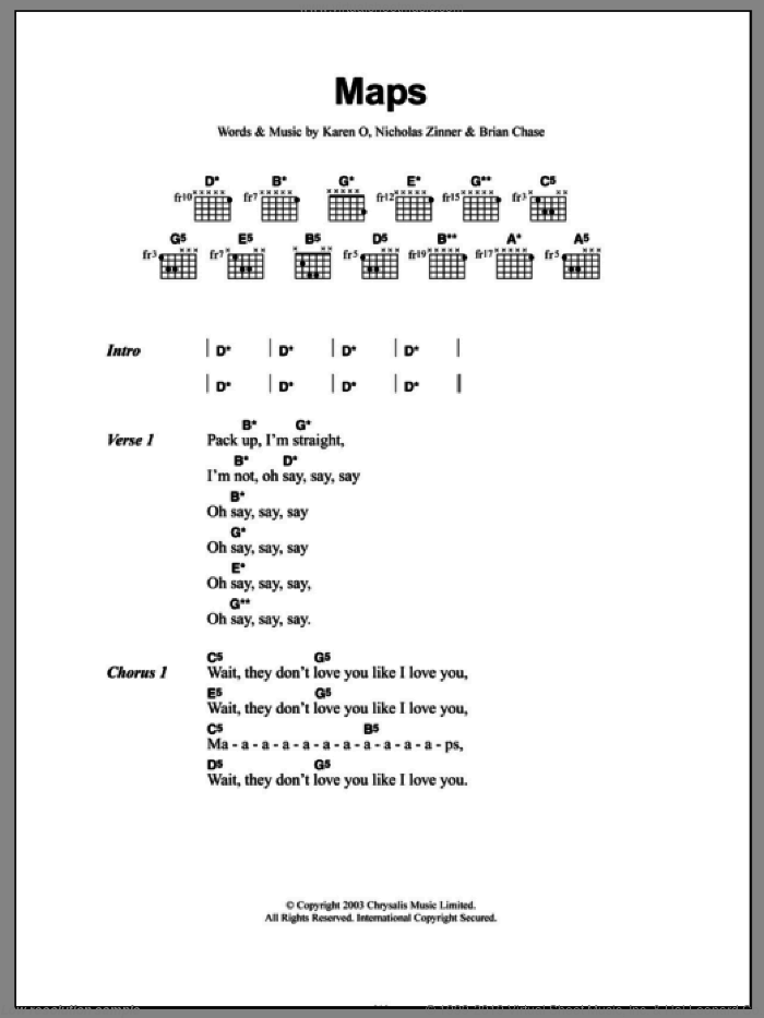 Maps sheet music for guitar (chords) by Yeah Yeah Yeahs, Brian Chase, Karen O and Nick Zinner, intermediate skill level