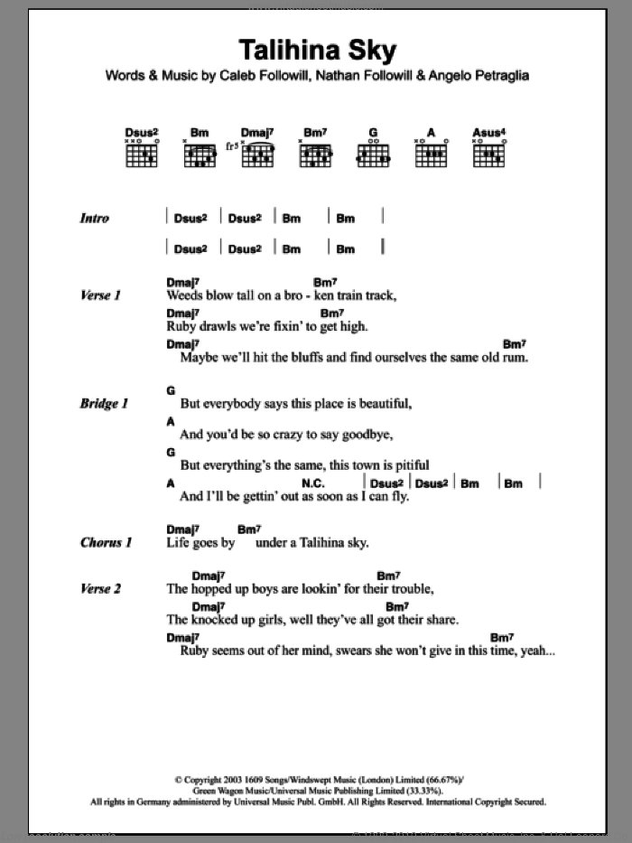 Talihina Sky sheet music for guitar (chords) by Kings Of Leon, Angelo Petraglia, Caleb Followill and Nathan Followill, intermediate skill level