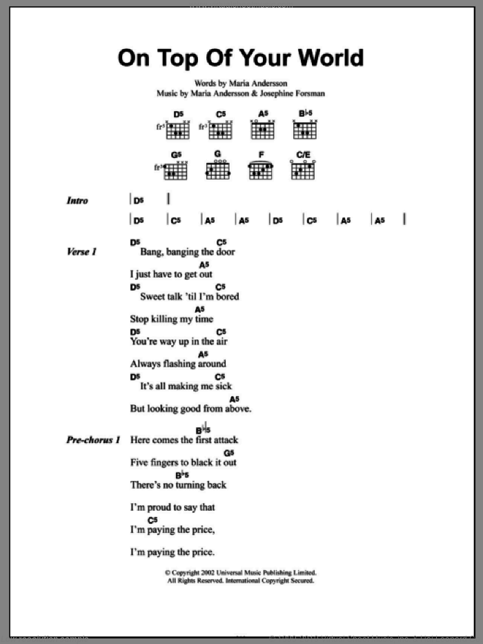 On Top Of Your World sheet music for guitar (chords) by Sahara Hotnights, Josephine Forsman and Maria Andersson, intermediate skill level