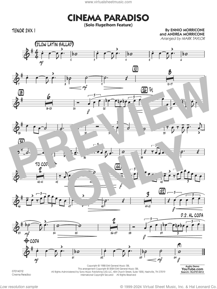 Cinema Paradiso (arr. Mark Taylor) sheet music for jazz band (tenor sax 1) by Ennio Morricone, Mark Taylor and Andrea Morricone, intermediate skill level