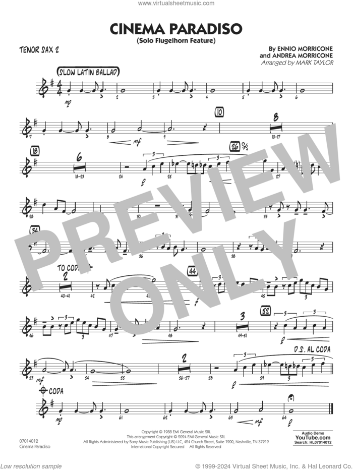 Cinema Paradiso (arr. Mark Taylor) sheet music for jazz band (tenor sax 2) by Ennio Morricone, Mark Taylor and Andrea Morricone, intermediate skill level