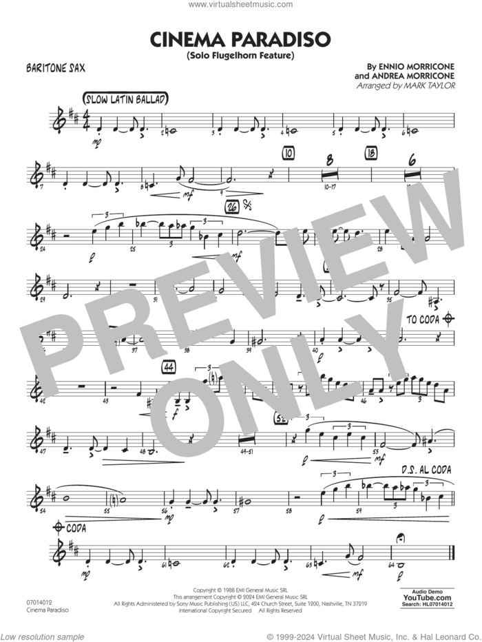 Cinema Paradiso (arr. Mark Taylor) sheet music for jazz band (baritone sax) by Ennio Morricone, Mark Taylor and Andrea Morricone, intermediate skill level