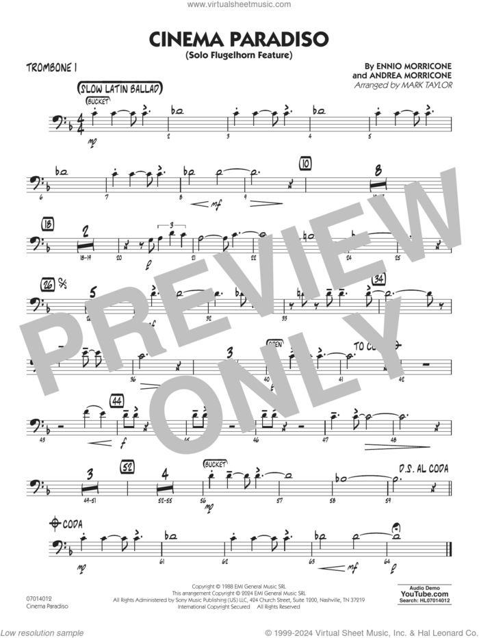 Cinema Paradiso (arr. Mark Taylor) sheet music for jazz band (trombone 1) by Ennio Morricone, Mark Taylor and Andrea Morricone, intermediate skill level