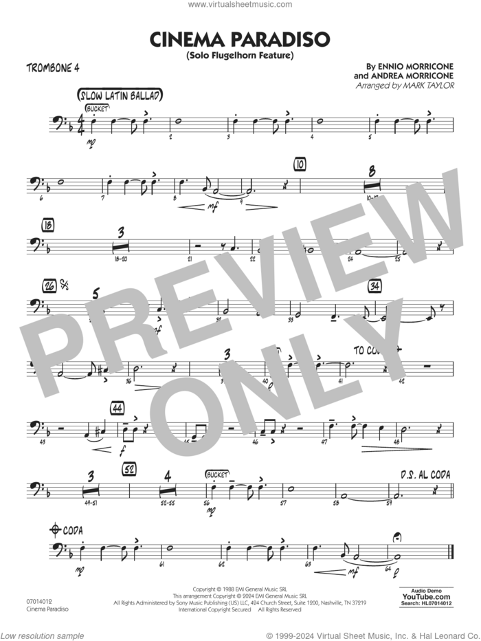 Cinema Paradiso (arr. Mark Taylor) sheet music for jazz band (trombone 4) by Ennio Morricone, Mark Taylor and Andrea Morricone, intermediate skill level