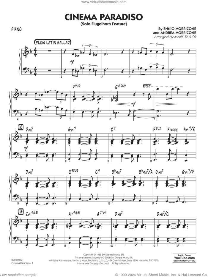 Cinema Paradiso (arr. Mark Taylor) sheet music for jazz band (piano) by Ennio Morricone, Mark Taylor and Andrea Morricone, intermediate skill level