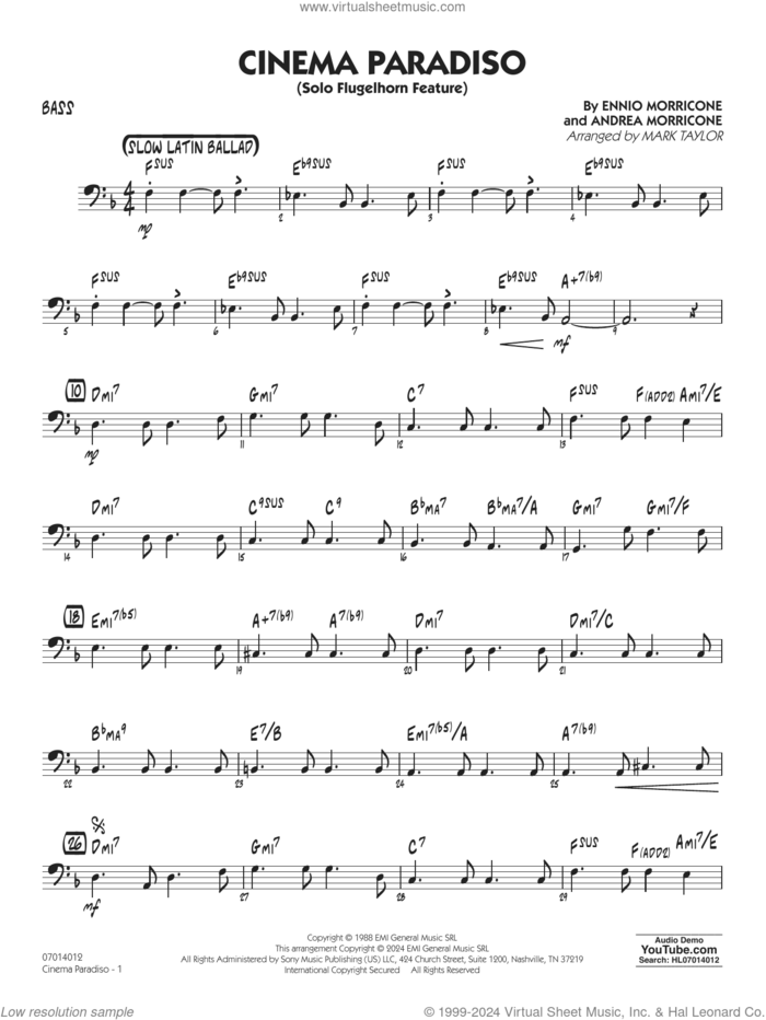 Cinema Paradiso (arr. Mark Taylor) sheet music for jazz band (bass) by Ennio Morricone, Mark Taylor and Andrea Morricone, intermediate skill level