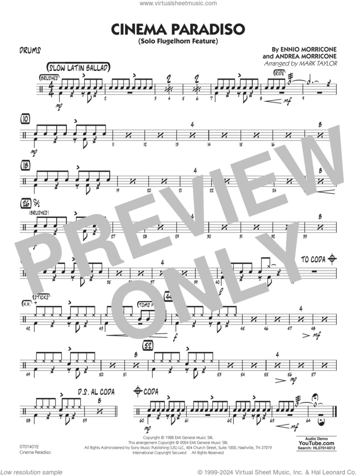 Cinema Paradiso (arr. Mark Taylor) sheet music for jazz band (drums) by Ennio Morricone, Mark Taylor and Andrea Morricone, intermediate skill level