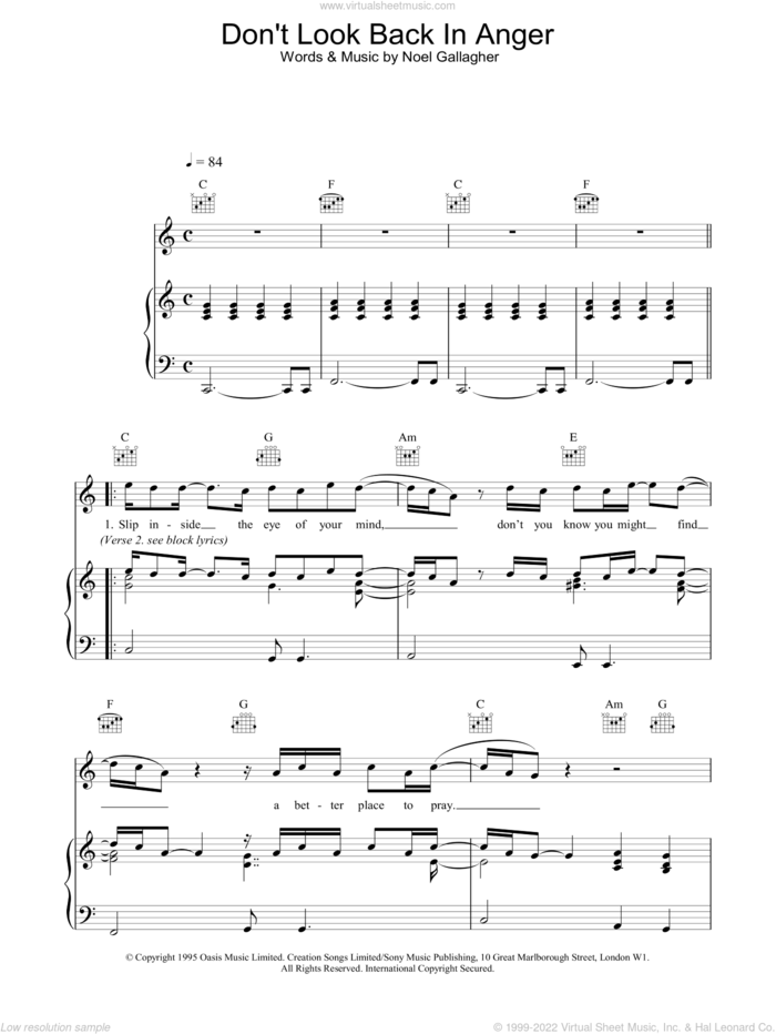 Don't Look Back In Anger sheet music for voice, piano or guitar by Oasis, intermediate skill level
