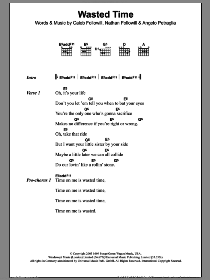 Wasted Time sheet music for guitar (chords) by Kings Of Leon, Angelo Petraglia, Caleb Followill and Nathan Followill, intermediate skill level
