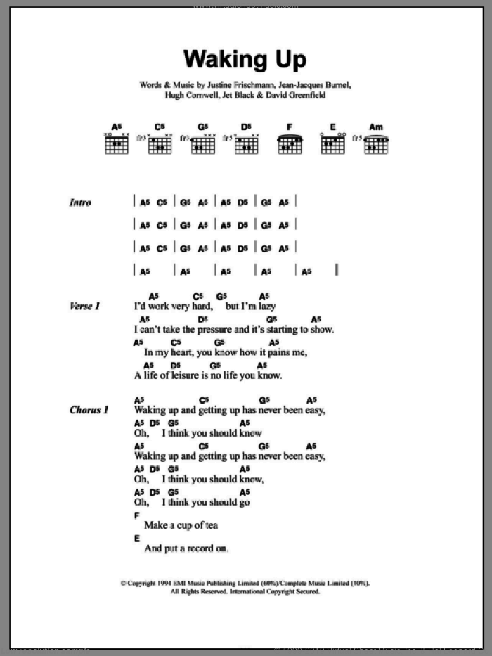 Waking Up sheet music for guitar (chords) by Elastica, David Greenfield, Hugh Cornwell, Jean-Jacques Burnel, Jet Black and Justine Frischmann, intermediate skill level