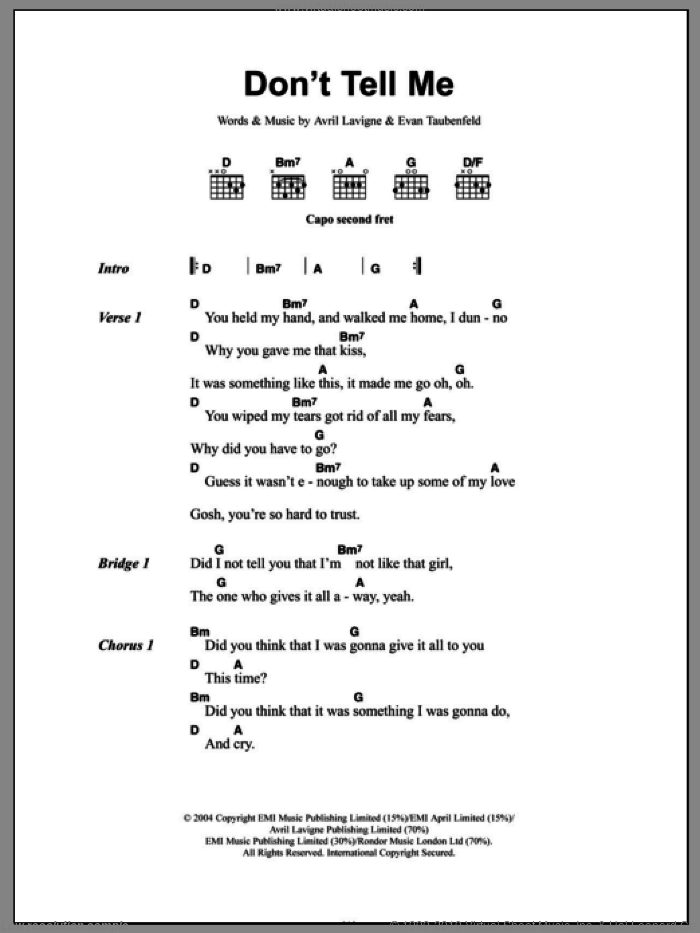 Don't Tell Me sheet music for guitar (chords) by Avril Lavigne and Evan Taubenfeld, intermediate skill level