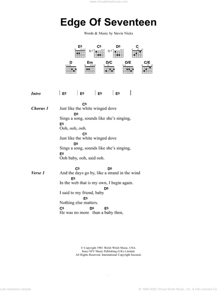 Edge Of Seventeen sheet music for guitar (chords) by Stevie Nicks, intermediate skill level