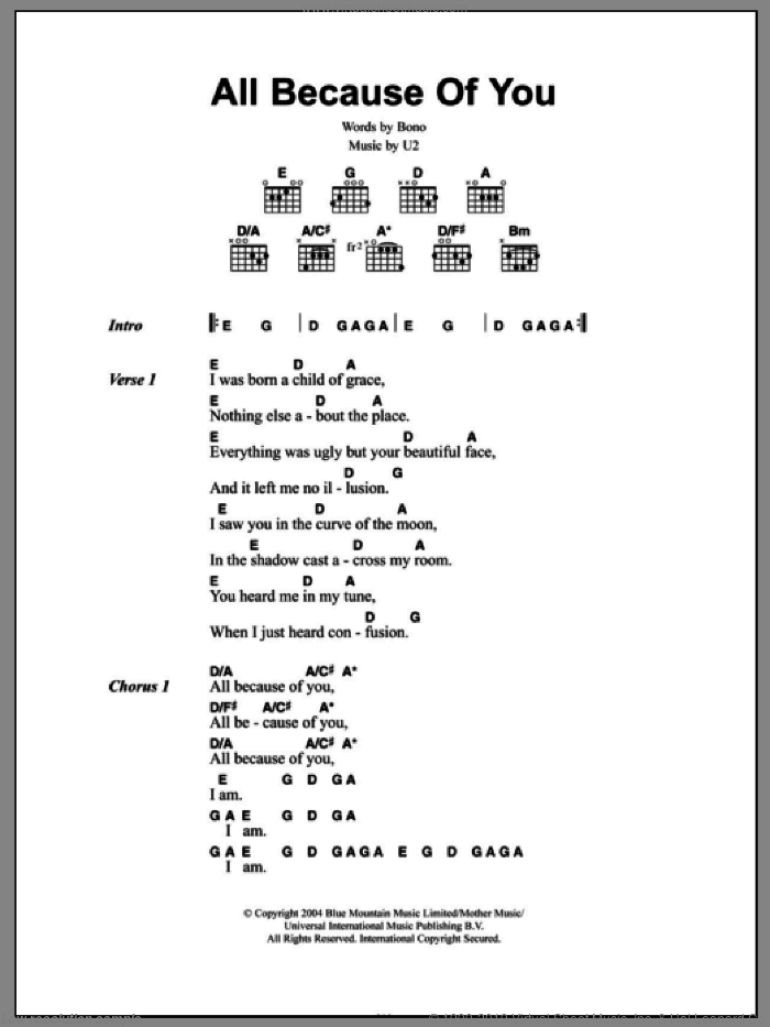 All Because Of You sheet music for guitar (chords) by U2 and Bono, intermediate skill level
