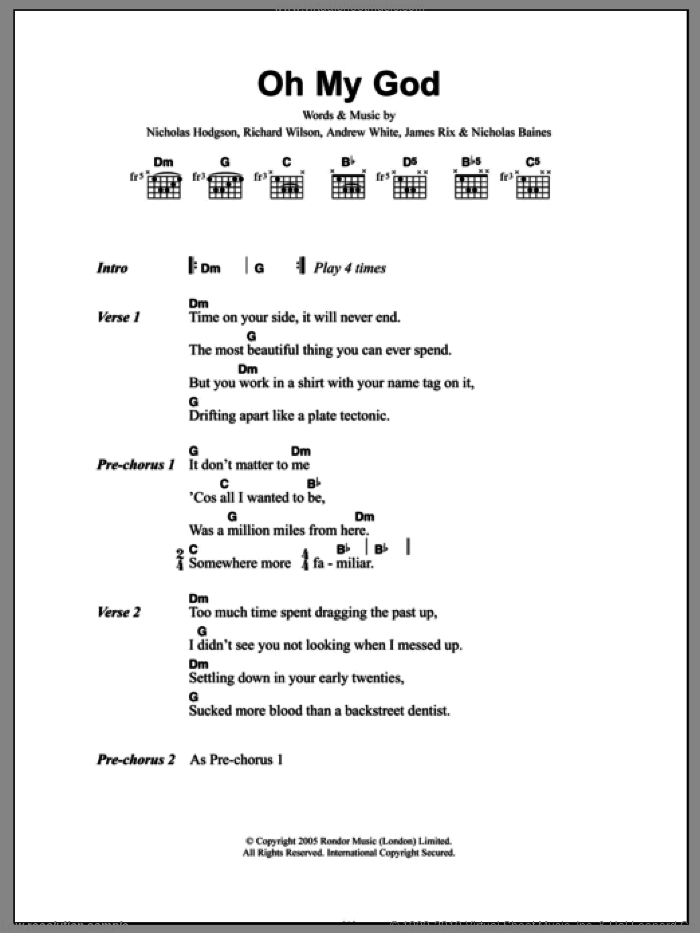 Oh My God sheet music for guitar (chords) by Kaiser Chiefs, Andrew White, James Rix, Nicholas Baines, Nicholas Hodgson and Richard Wilson, intermediate skill level
