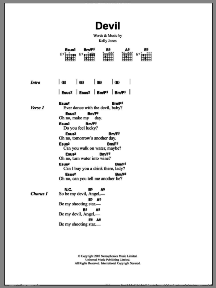 Devil sheet music for guitar (chords) by Stereophonics and Kelly Jones, intermediate skill level