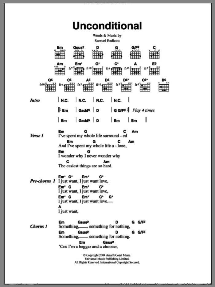 Unconditional sheet music for guitar (chords) by The Bravery and Samuel Endicott, intermediate skill level