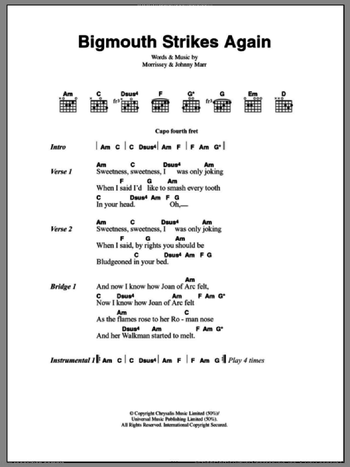 Bigmouth Strikes Again sheet music for guitar (chords) by The Smiths, Johnny Marr and Steven Morrissey, intermediate skill level