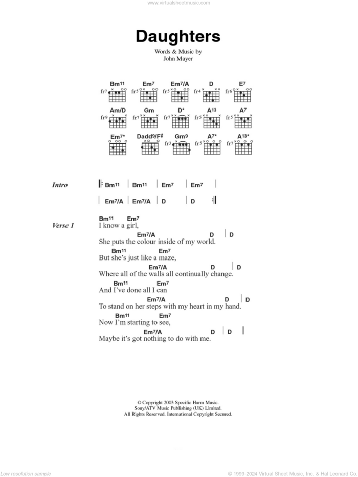 Daughters sheet music for guitar (chords) by John Mayer, intermediate skill level