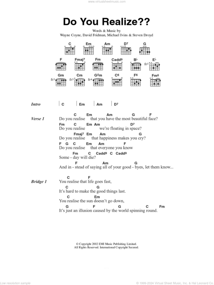 Do You Realize? sheet music for guitar (chords) by The Flaming Lips, David Fridman, Michael Ivins, Steven Droyd and Wayne Coyne, intermediate skill level