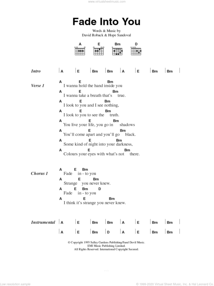 Fade Into You sheet music for guitar (chords) by Mazzy Star, David Roback and Hope Sandoval, intermediate skill level