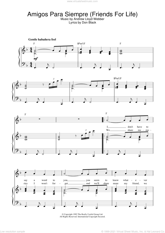 Amigos Para Siempre (Friends For Life) sheet music for voice, piano or guitar by Andrew Lloyd Webber and Don Black, intermediate skill level