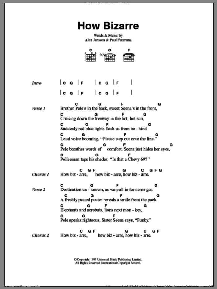How Bizarre sheet music for guitar (chords) by OMC, Alan Jansson and Paul Fuemana, intermediate skill level