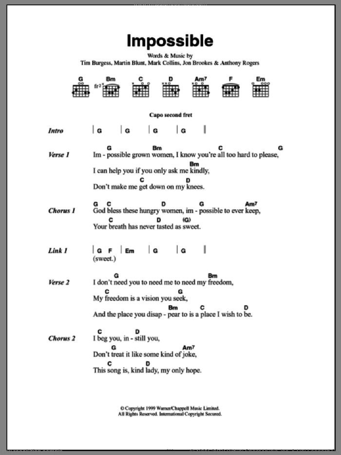 Impossible sheet music for guitar (chords) by The Charlatans, Anthony Rogers, Jon Brookes, Mark Collins, Martin Blunt and Tim Burgess, intermediate skill level