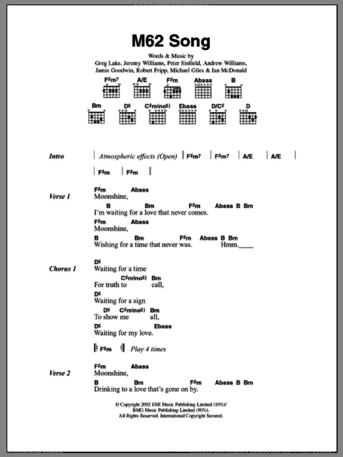 M62 Song sheet music for guitar (chords) by Doves, Andrew Williams, Greg Lake, Ian McDonald, Jamie Goodwin, Jeremy Williams, Michael Giles, Peter Sinfield and Robert Fripp, intermediate skill level