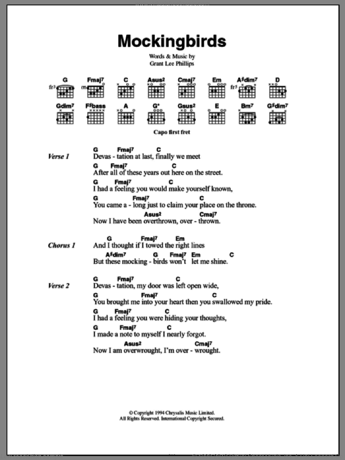 Mockingbirds sheet music for guitar (chords) by Grant Lee Buffalo and Grant Lee Phillips, intermediate skill level
