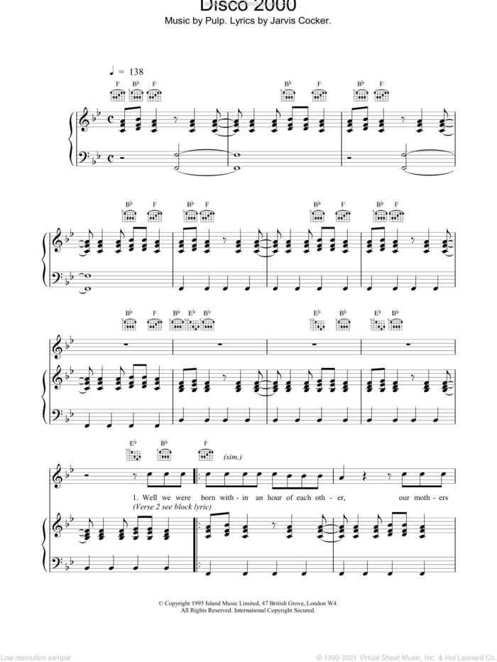Disco 2000 sheet music for voice, piano or guitar by Pulp, intermediate skill level