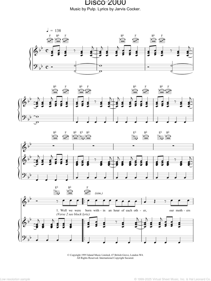 Disco 2000 sheet music for voice, piano or guitar by Pulp, intermediate skill level