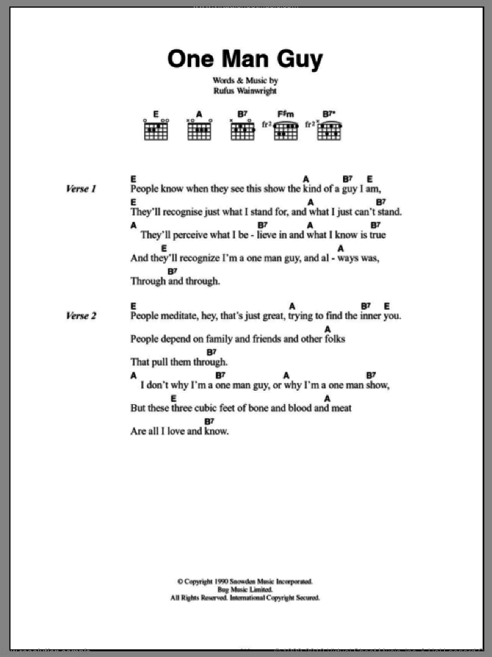 One Man Guy sheet music for guitar (chords) by Rufus Wainwright, intermediate skill level
