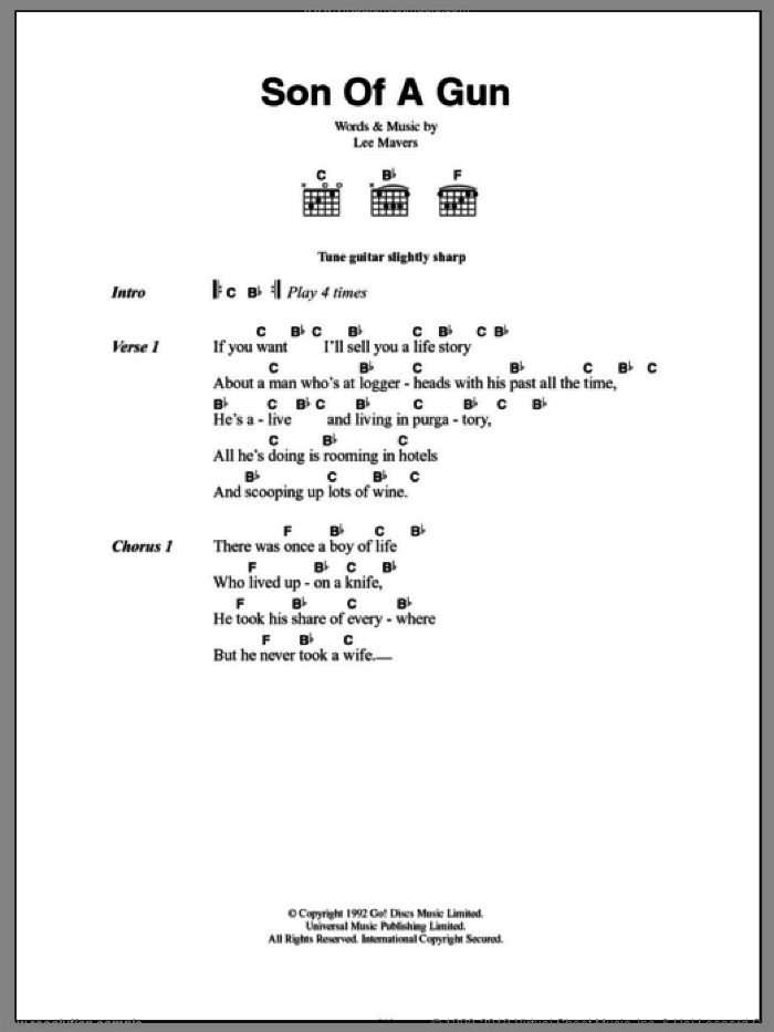 Son Of A Gun sheet music for guitar (chords) by The La's and Lee Mavers, intermediate skill level
