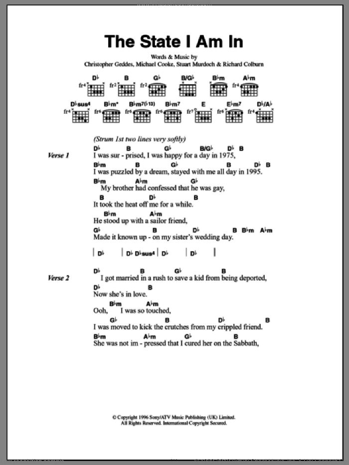 The State I Am In sheet music for guitar (chords) , Christopher Geddes, Michael Cooke, Richard Colburn and Stuart Murdoch, intermediate skill level