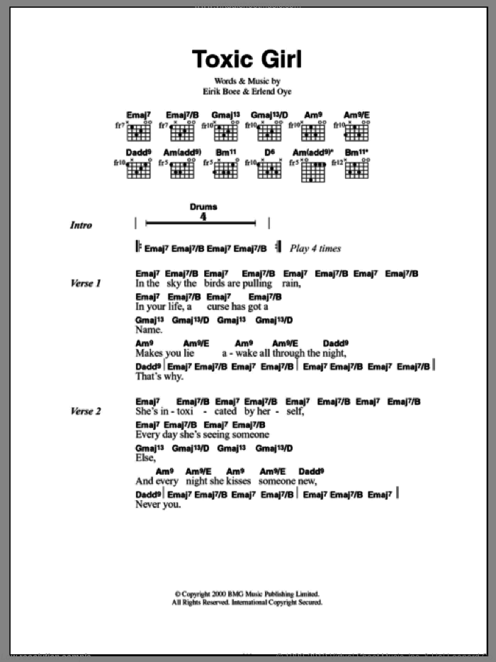Toxic Girl sheet music for guitar (chords) by Kings Of Convenience, Eirik Boee and Erlend Oye, intermediate skill level