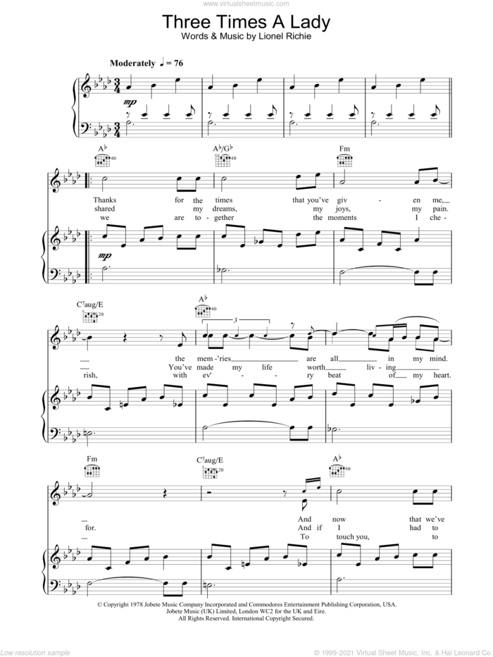 Three Times A Lady sheet music for voice, piano or guitar by Lionel Richie, intermediate skill level