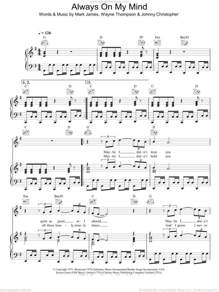 Always On My Mind sheet music for voice, piano or guitar by The Pet Shop Boys, Elvis Presley, Johnny Christopher, Mark James and Wayne Thompson, intermediate skill level